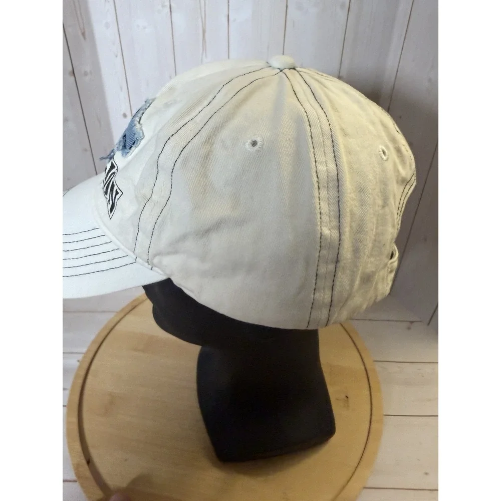 True Religion Y2k White Buddha Logo Distressed Frayed Strapback Hat Adjustable *